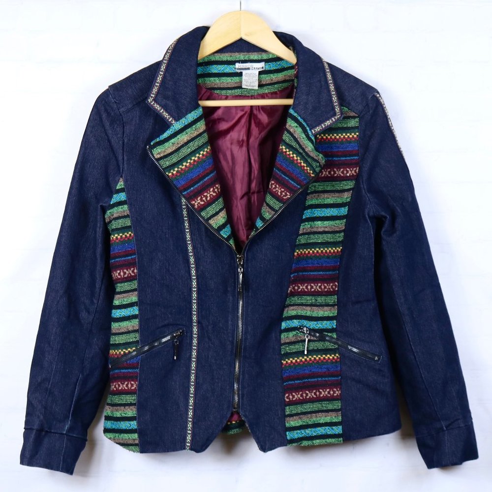 Boho Rainbow Ethnic Stripe Embroider Jean Jacket L